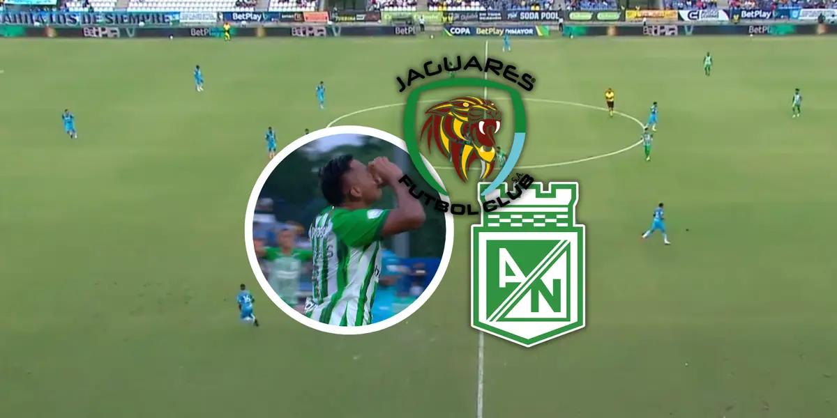 Jaguares de Córdoba vs Atlético Nacional Foto: Captura de Win Sports y Escudoteca 