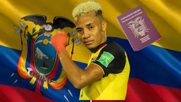 Byron Castillo y la bandera de Ecuador 