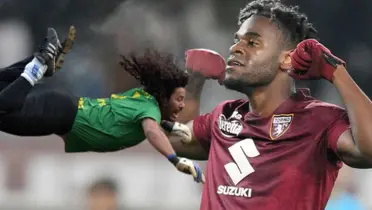 El delantero colombiano sorprendió a sus compañeros con la maniobra. Foto de Zapata tomada de El Espectador y de Higuita de Caracol